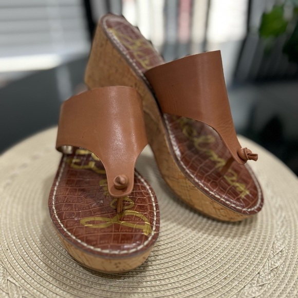 Sam Edelman Shoes - Sam Edelman Roy 3D Leather Platform Wedge Shoes Sandals Size 8.5 Brown Tan Cork